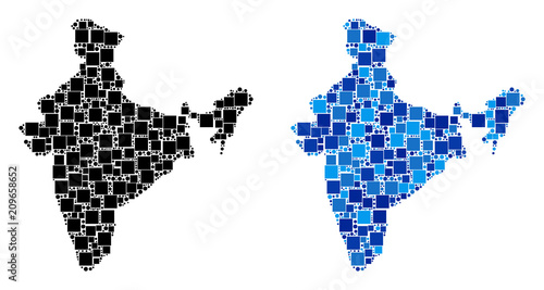 Dot India map variants. Abstract geographic map variant done with blue color hues. Vector composition of India map done of randomized rectangle and circle points. photo