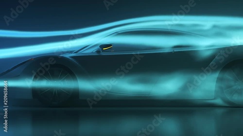 Sport Car aerodynamics drag testing inside wind tunnel. Engineering airflow.