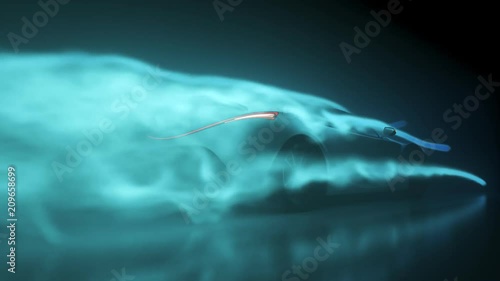 Sport Car aerodynamics drag testing inside wind tunnel. Engineering airflow.