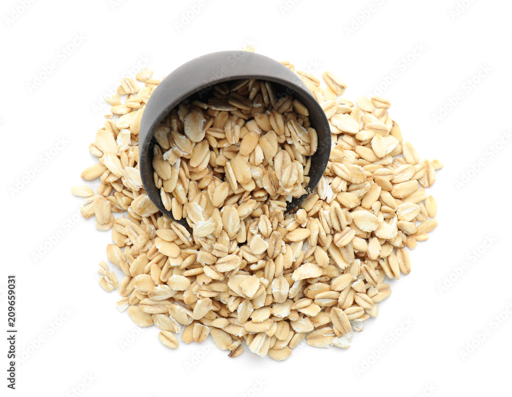 Bowl with raw oatmeal on white background Bowl with raw oatmeal on white background