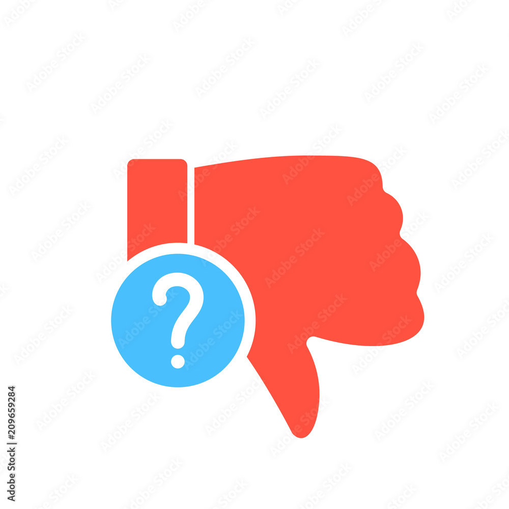 Dislike icon, gestures icon with question mark. Dislike icon and help, how to, info, query symbol Dislike icon, gestures icon with question mark. Dislike icon and help, how to, info, query symbol