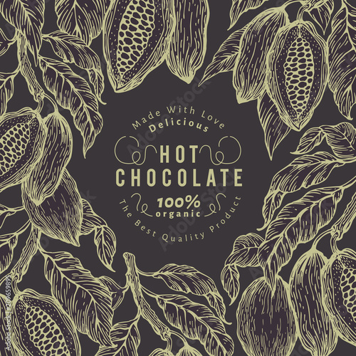 Cocoa bean tree banner template. Chocolate cocoa beans frame. Vector hand drawn illustration. Vintage style background.