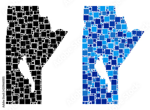 Dot Manitoba Province map variants. Abstract geographic scheme variant done with cold blue color tones. Vector mosaic of Manitoba Province map organized with randomized square and spheric items.