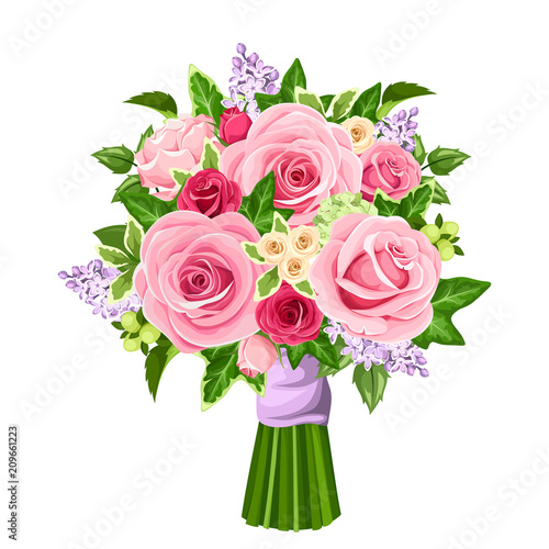 Vector bouquet of red and pink roses, lilac flowers and ivy leaves isolated on a white background.
