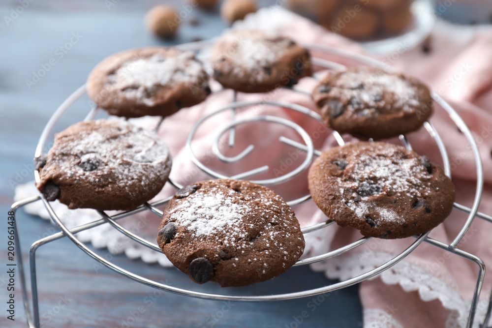 Delicious cookies with chocolate chips on cooling rack Delicious cookies with chocolate chips on cooling rack