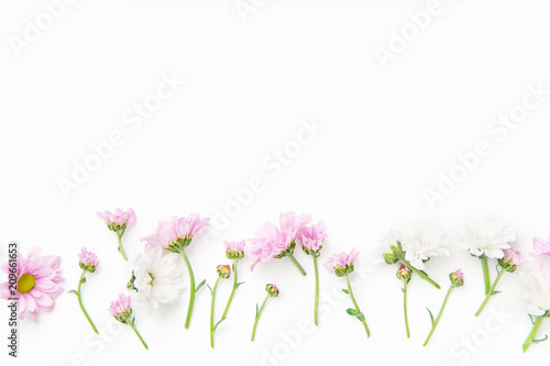 Flatlay with flowers and blossoms arranged on white background. Top view  copy space  botanical concept..