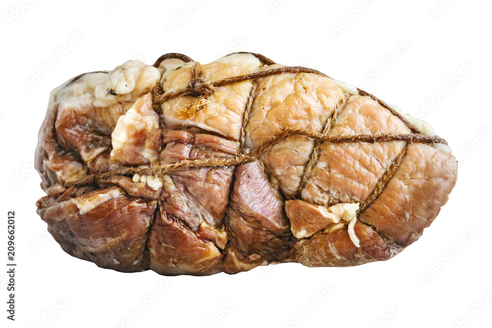 Baked fresh ham - stringed tasty cooked porc meat. Closeup. Isolated on white for design.