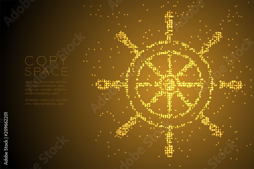 Abstract Geometric Circle dot pixel pattern Ship Steering Wheel shape, aquatic and marine life concept design gold color illustration isolated on brown gradient background with copy space, vector 