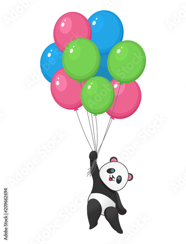 Fototapeta Naklejka Na Ścianę i Meble -  Funny panda with balloons flying. Design element for baby shower card, scrapbook, invitation, baby goods and childish accessories. Isolated on white background. Vector illustration.