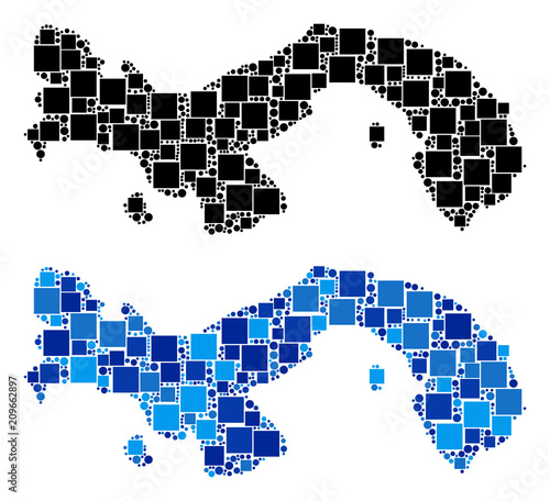 Dot Panama map versions. Abstract geographic map variant done with blue color variations. Vector mosaic of Panama map composed with randomized square and spheric dots.