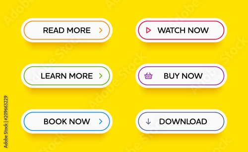 Set of vector modern material style buttons. Different colors of outline strokes and icons on white forms with shadows.