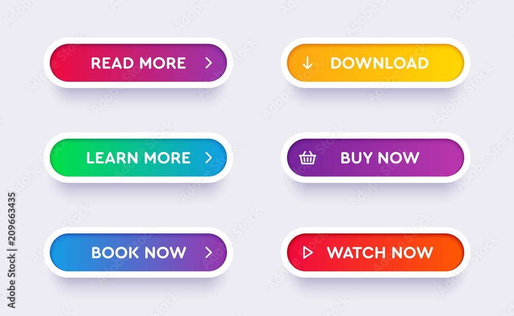 Set of vector modern material style buttons. Different gradient colors and icons on white forms with shadows. Set of vector modern material style buttons. Different gradient colors and icons on white forms with shadows.