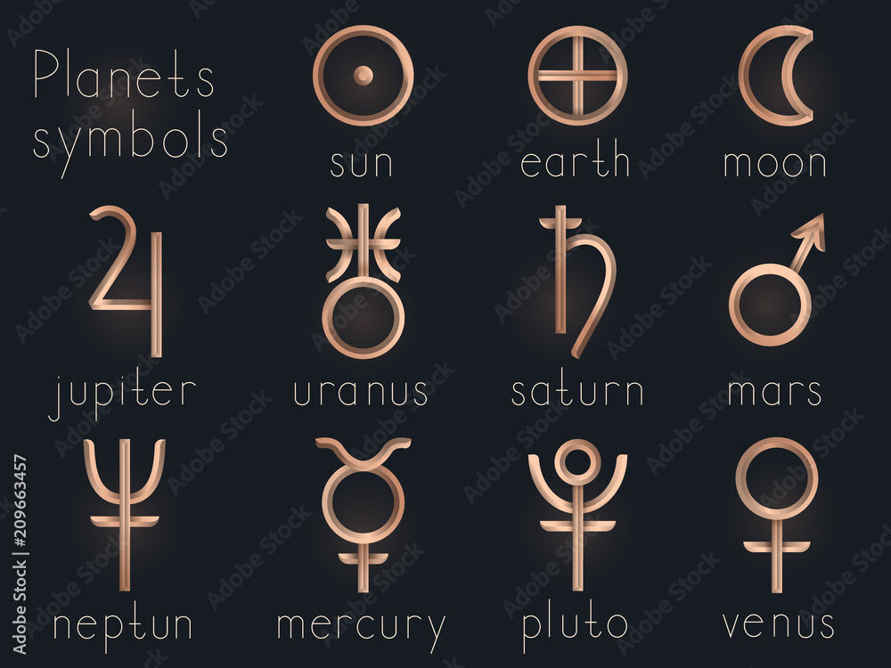 Vector set of Gold astrological symbols. Signs collection sun