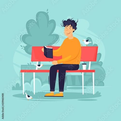 Guy sitting in a park on a bench reading a book. Flat design vector illustration.
