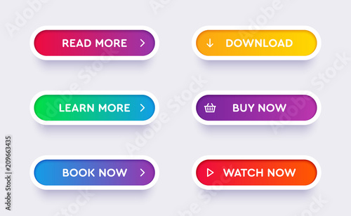 Set of vector modern material style buttons. Different gradient colors and icons on white forms with shadows.