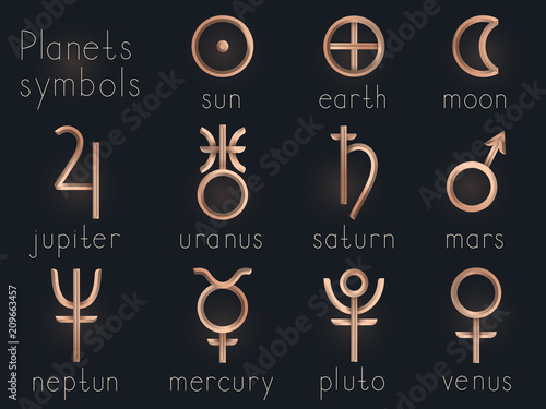 Vector set of Gold astrological planets symbols. Signs collection: sun, earth, moon, saturn, uranus, neptune, jupiter, venus, mars, pluto, mercury.