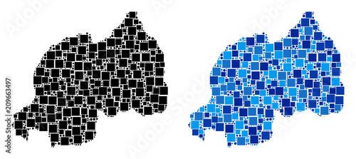 Dot Rwanda map versions. Abstract geographic scheme variant done with blue color variations. Vector pattern of Rwanda map organized of scattered square and round items.