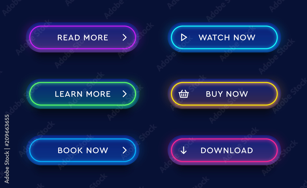 Set of vector modern neon glowing buttons. Different colors of tubes and icons on dark rounded forms. Set of vector modern neon glowing buttons. Different colors of tubes and icons on dark rounded forms.