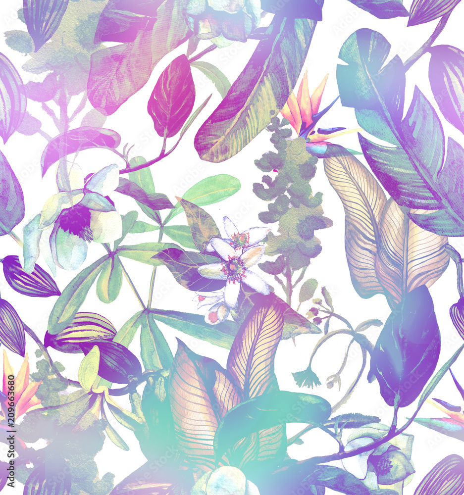 Seamless watercolor pattern with tropical flowers, magnolia, orange flower, vanilla orchid, tropical leaves, banana leaves