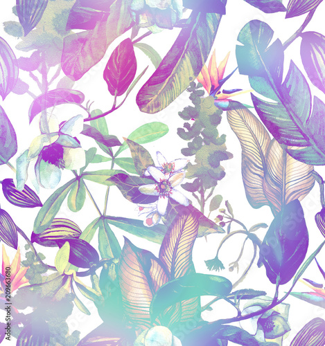 Seamless watercolor pattern with tropical flowers  magnolia  orange flower  vanilla orchid  tropical leaves  banana leaves