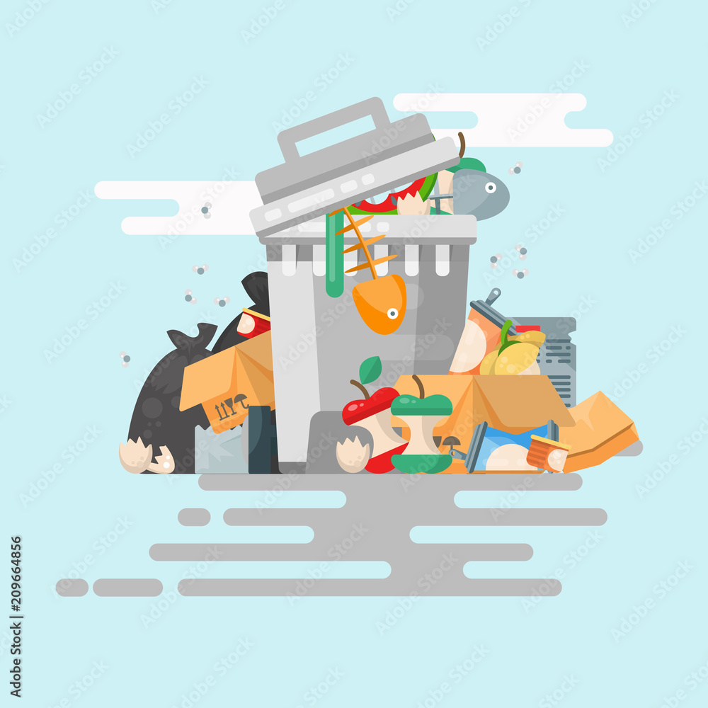 Garbage container vector illustration in modern style. Trash can set with rubbish.