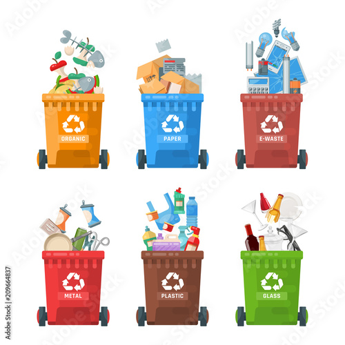 Garbage container vector illustration in modern style. Trash can set with rubbish.