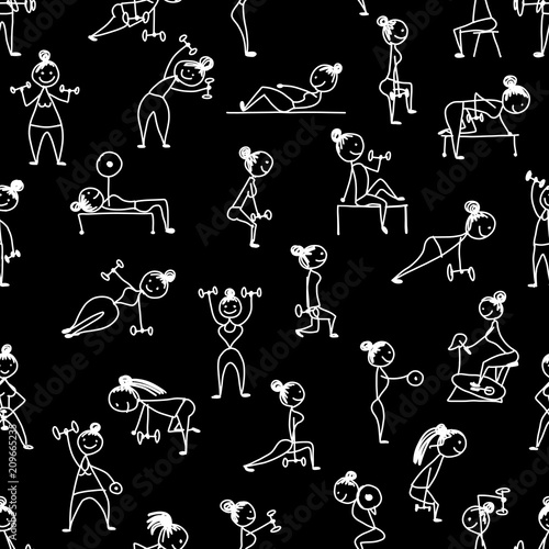 Girls doing sport exercises, seamless pattern for your design