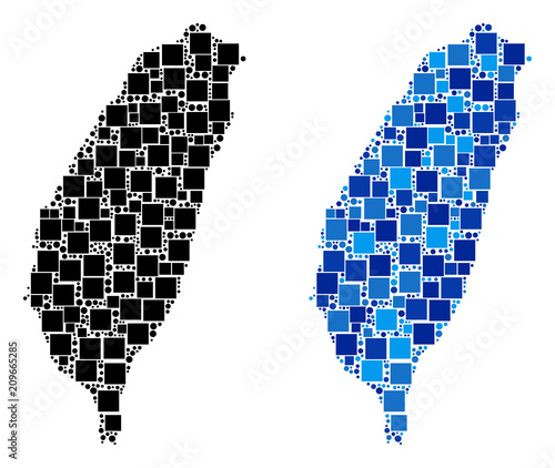 Dotted Taiwan Island map versions. Abstract geographic map version designed with cold blue color tinges. Vector composition of Taiwan Island map designed with random square and spheric dots. photo