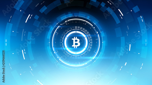Bitcoin cryprocurrency futuristic vector illustration for background, HUD, graphical user interface, banner, business and finance infographics and more. Worldwide digital money blockchain system