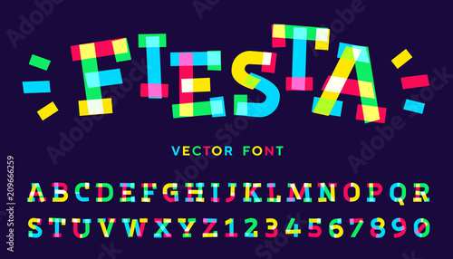 Vector font made of colorful neon tape pieces. Latin alphabet from A to Z and numbers from 0 to 9 made of vibrant rectangles.