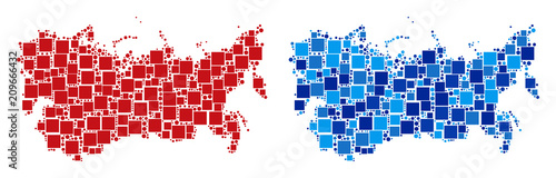 Dot USSR map variants. Abstract geographic map version done with blue color variations. Vector pattern of USSR map made from randomized rectangle and circle dots.