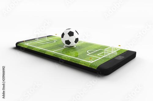 Mobile soccer. Football field on the smartphone screen and ball. Online ticket sales concept. 3d rendering