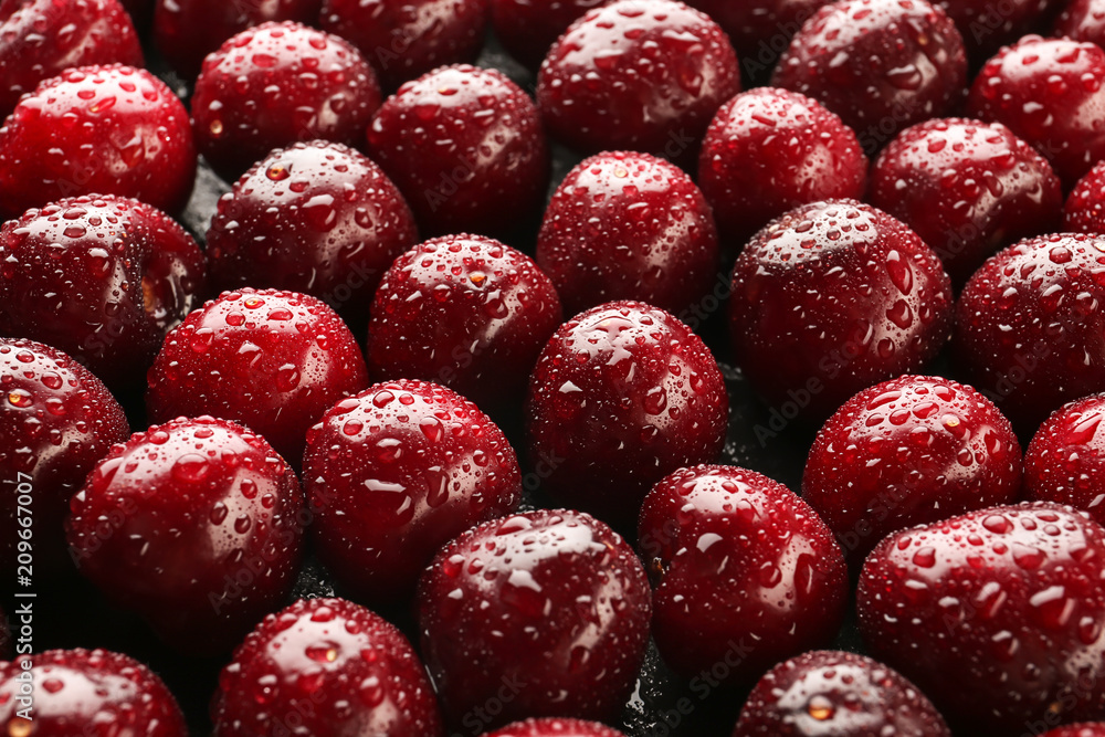Tasty cherries with drops of water, closeup Tasty cherries with drops of water, closeup