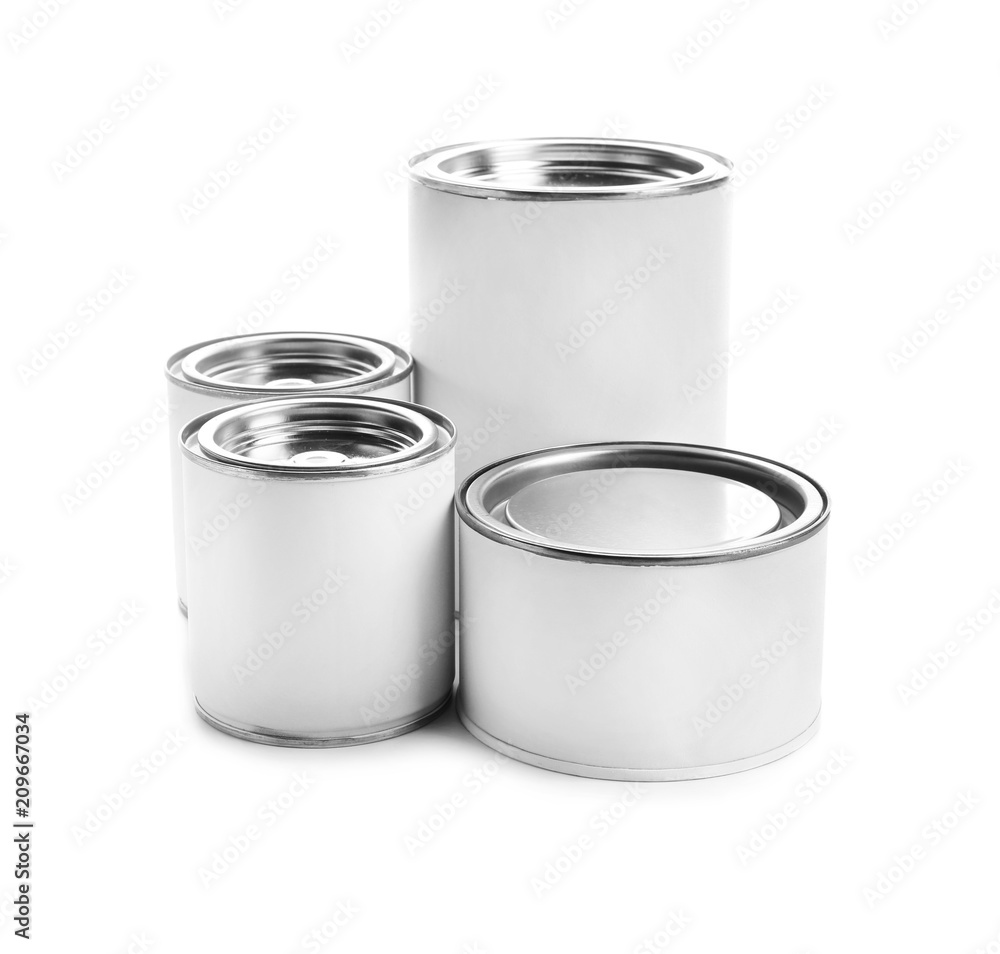 Different cans of paint on white background Different cans of paint on white background