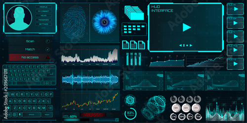 HUD UI for business app. Interface elements (Identity, fingerprint and retina check, statistics and charts and elements interface in HUD style) technology elements vector  collection