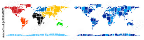 Dotted world continent map versions. Abstract geographic map variant designed with blue color shades. Vector concept of world continent map designed with random rectangle and spheric items.