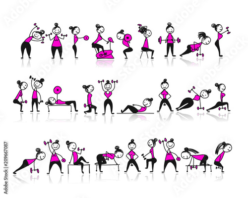 Girls doing sport exercises, sketch for your design