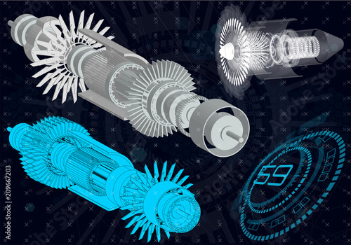 Mechanical diagram, vector drawing with circles and geometric parts of the mechanism. engine, future engineering, HUD, elements interface Ui, Industrial aerospace project, Jet engine of the aircraft