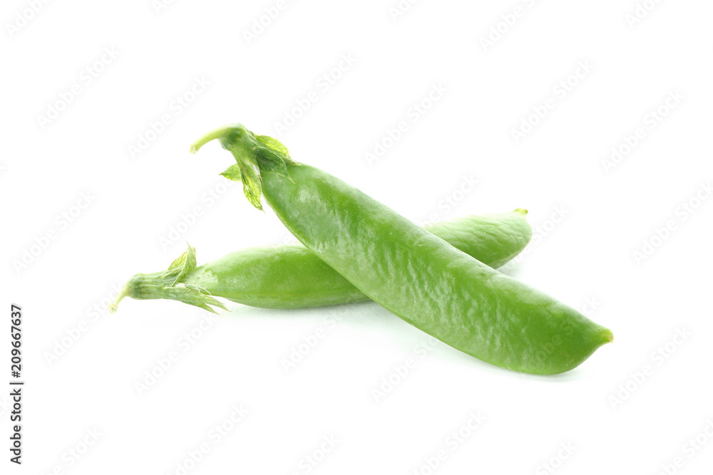 Pods with fresh green peas on white background Pods with fresh green peas on white background