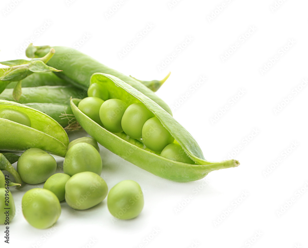 Pods with fresh green peas on white background Pods with fresh green peas on white background