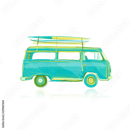 Retro bus with surfboards, sketch for your design