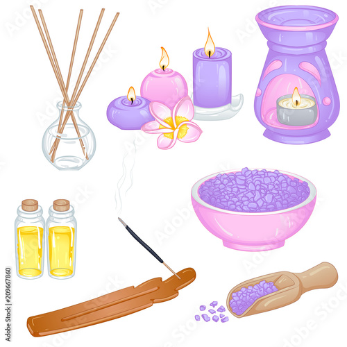 Vector illustration of a set of items and accessories for aromatherapy. Design for stickers and icons. Objects isolated on white background.