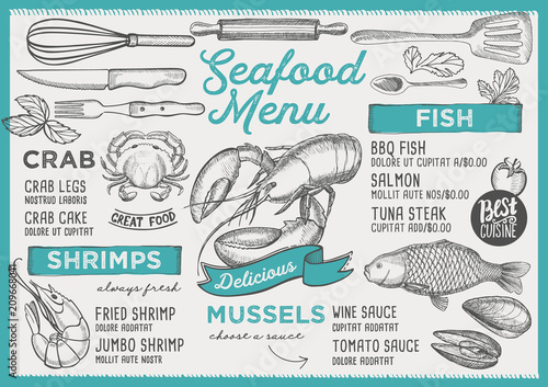 Seafood restaurant menu. Vector food flyer for bar and cafe. Design template with vintage hand-drawn illustrations.