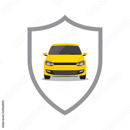 Yellow car and shield. Car security / insurance concept. Vector illustration
