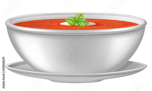 Tomato soup in a white bowl. Vector illustration.
