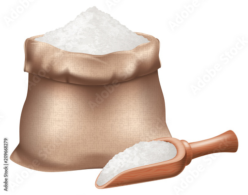 Sack of flour and a wooden spoon. Vector illustration.