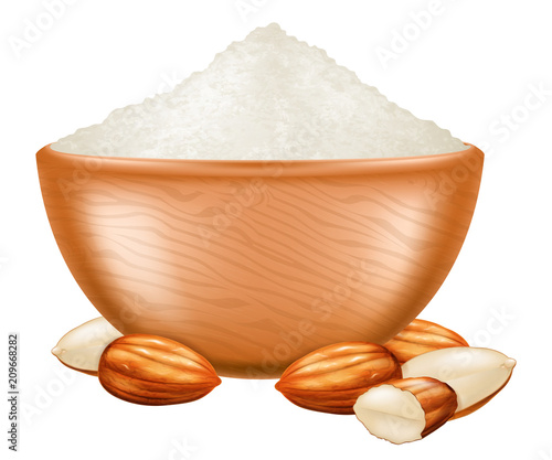 Wooden bowl with almond flour and almond nuts. Vector illustration.