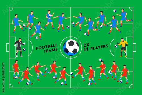 Football players on a green field. Soccer players on different positions playing football on a stadium. Spectacular sport. Colorful flat style illustration.