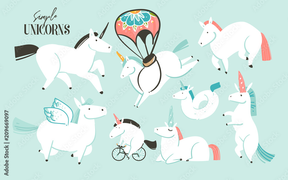 Hand drawn vector abstract graphic creative cartoon illustrations art collection set with white unicorns,pony and pegasus isolated on blue background Hand drawn vector abstract graphic creative cartoon illustrations art collection set with white unicorns,pony and pegasus isolated on blue background