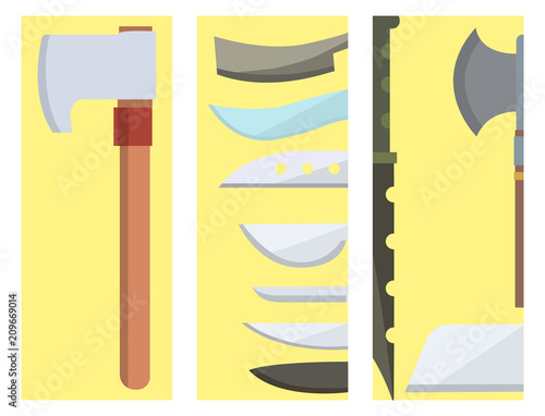 Knifes cooking chef meal knives cards kitchen utensil lunch razor stainless restaurant blade tool vector illustration.
